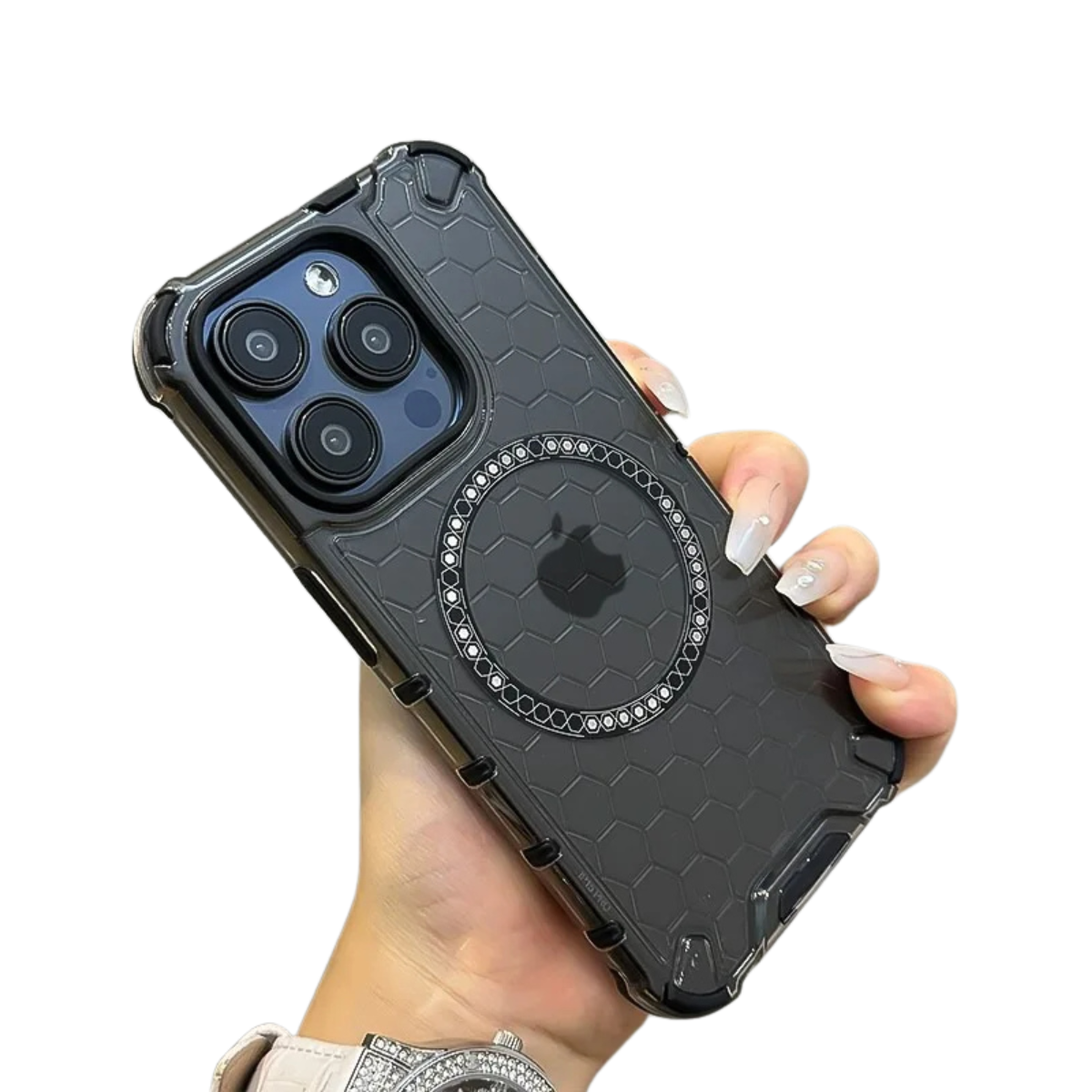 Funda para iPhone con carga inalámbrica y ventilación tipo panal