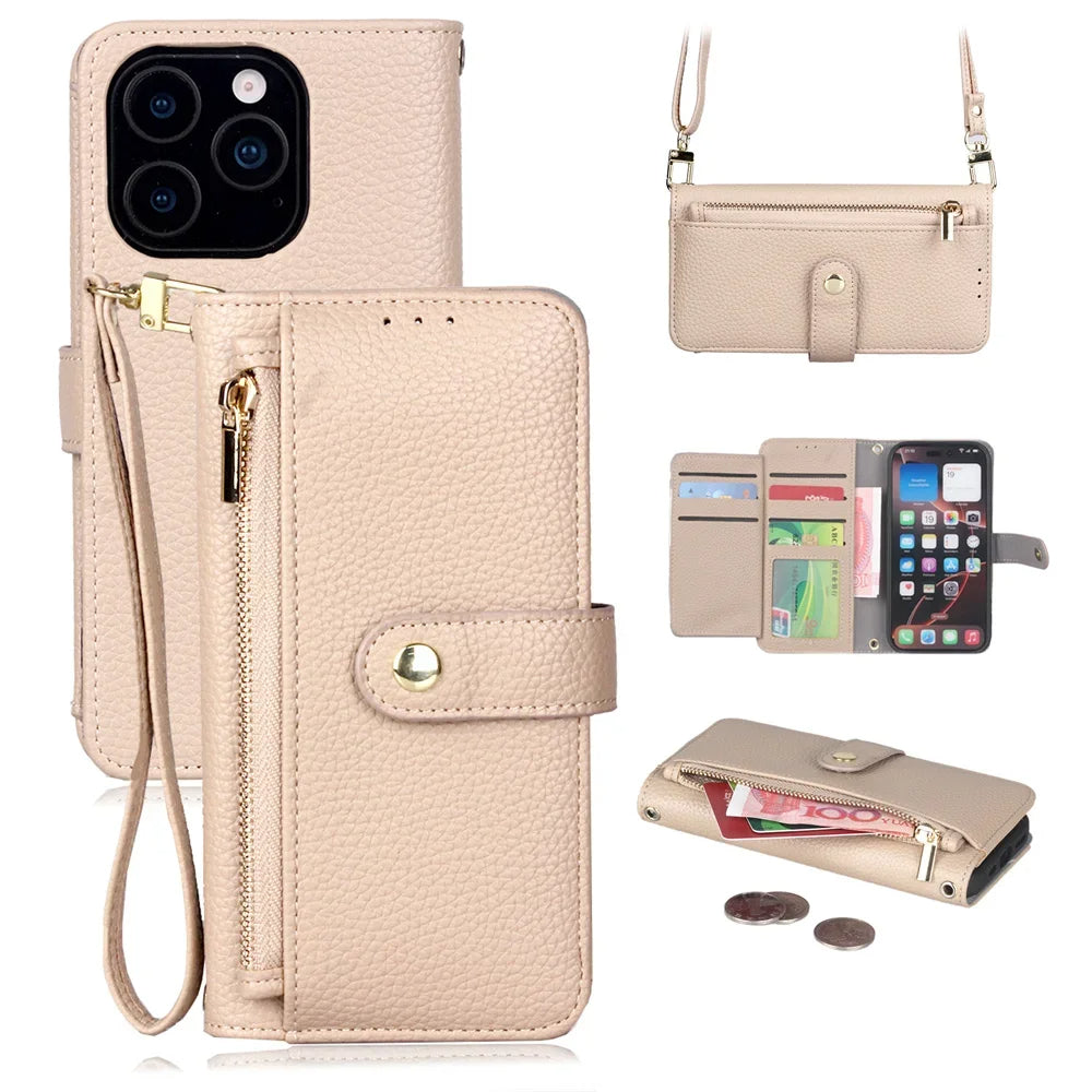 Funda tipo cartera para iPhone con correa para la muñeca y el hombro