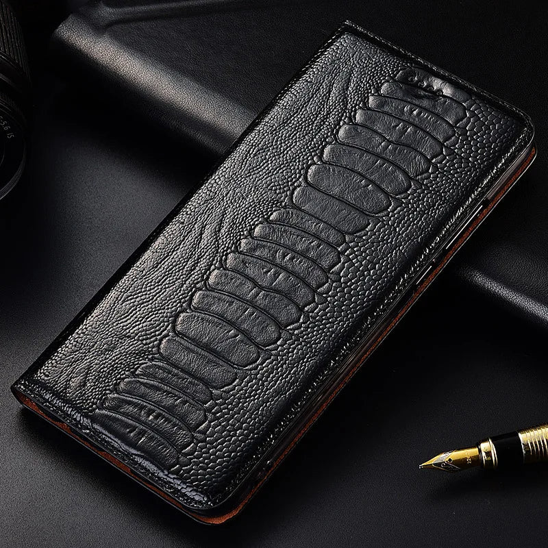 Genuine Ostrich Retro Leather iPhone Wallet Flip Case