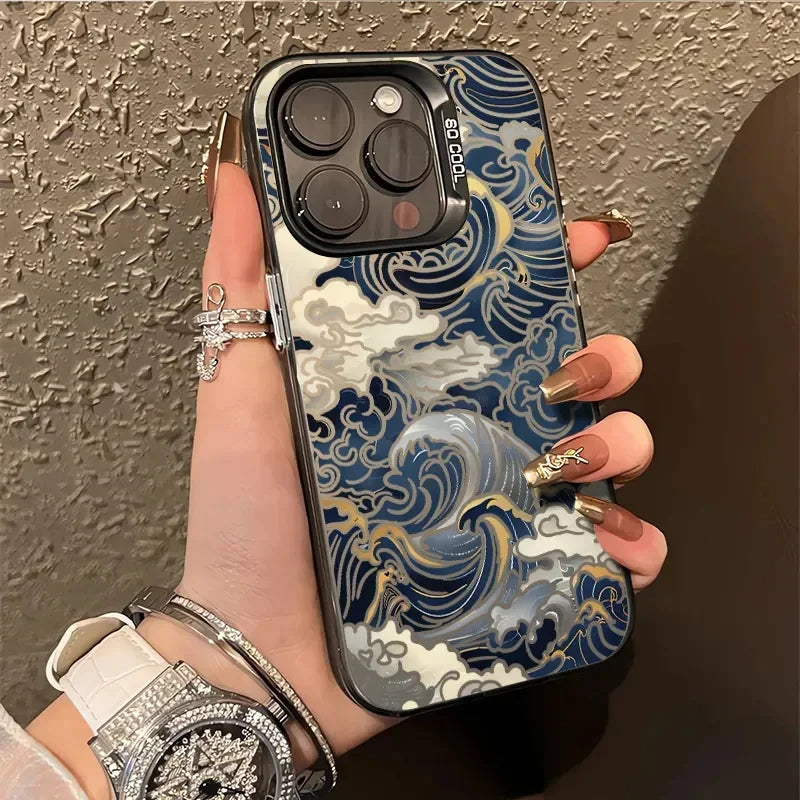Electroplated Japanese Waves Shockproof Hard iPhone Case