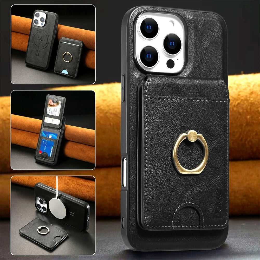 Funda de cuero para iPhone con soporte y carga inalámbrica