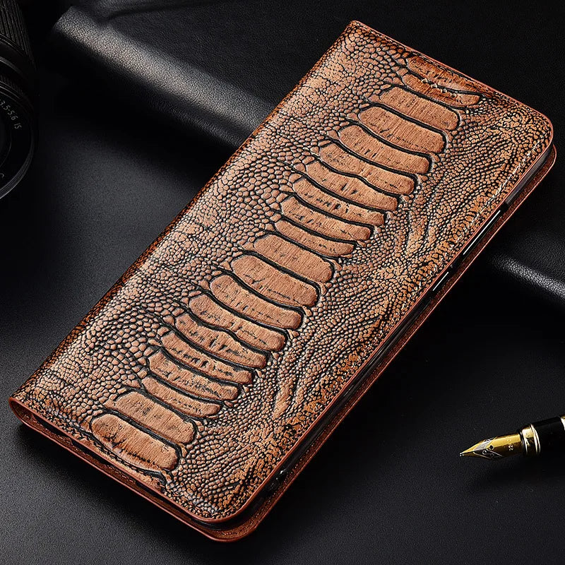 Genuine Ostrich Retro Leather iPhone Wallet Flip Case