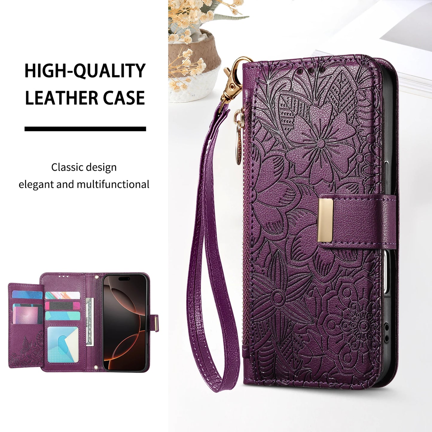Luxury iPhone Flip Wallet Case with Strap and Pocket