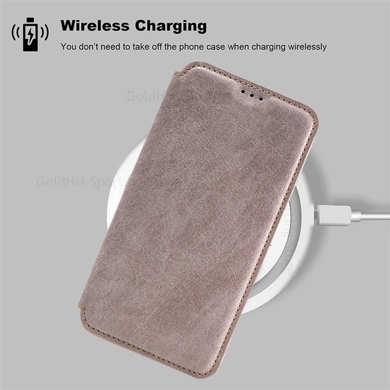 Funda magnética tipo billetera MagSafe de cuero elegante para iPhone