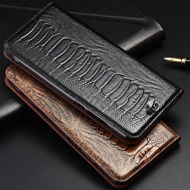 Genuine Ostrich Retro Leather iPhone Wallet Flip Case