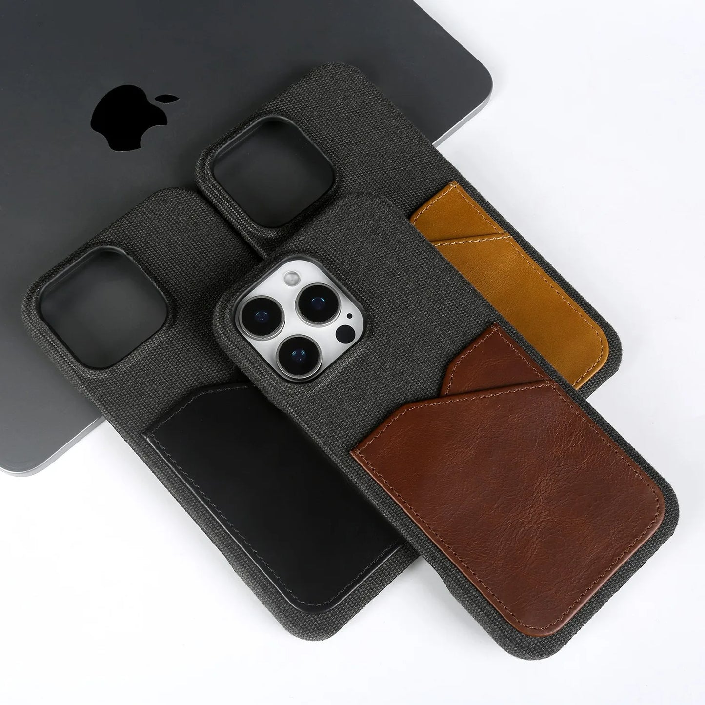 Funda vintage de cuero y tela para iPhone con ranura para tarjetas