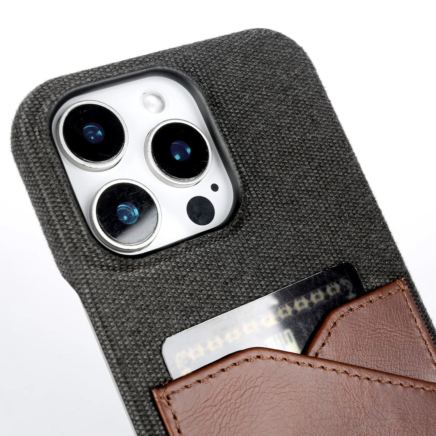 Funda vintage de cuero y tela para iPhone con ranura para tarjetas