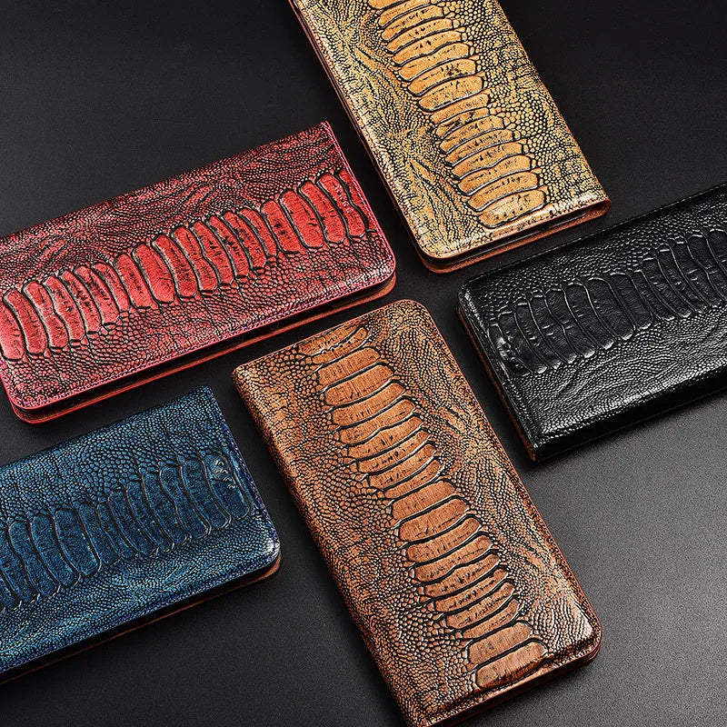 Genuine Ostrich Retro Leather iPhone Wallet Flip Case