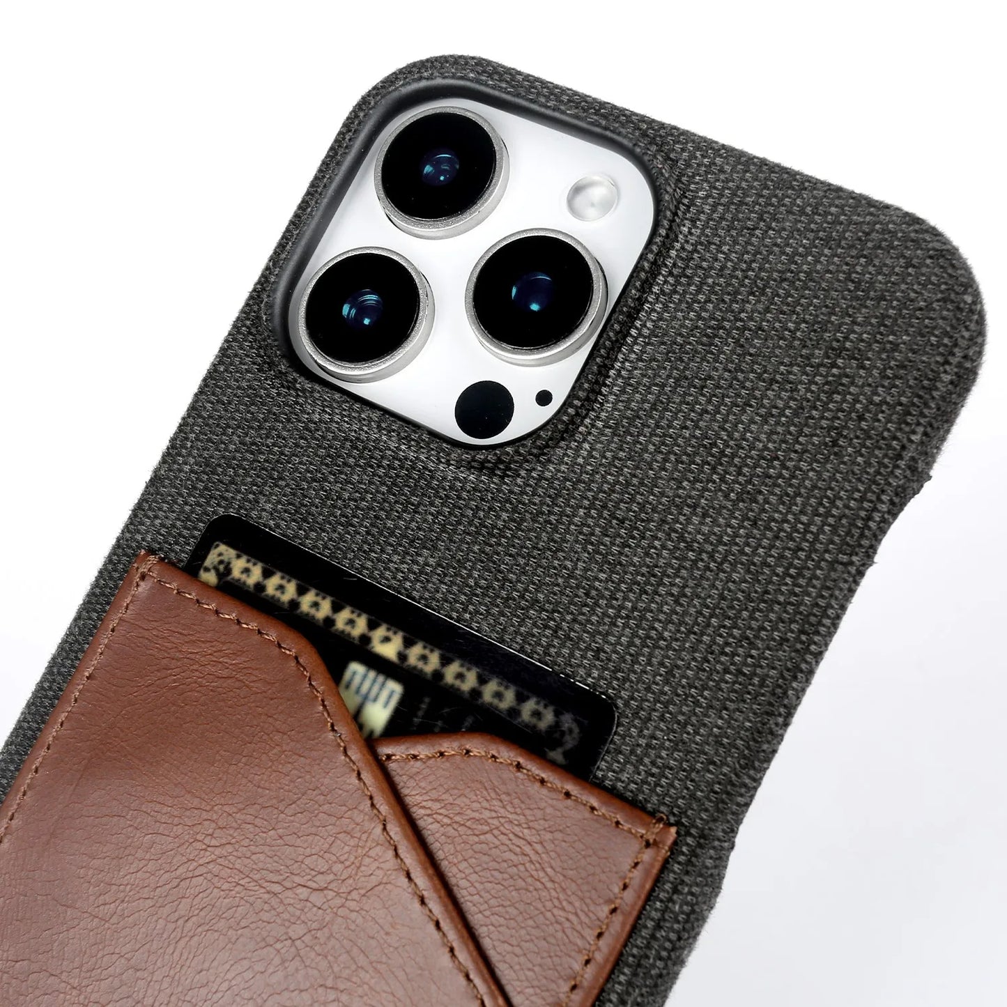 Funda vintage de cuero y tela para iPhone con ranura para tarjetas