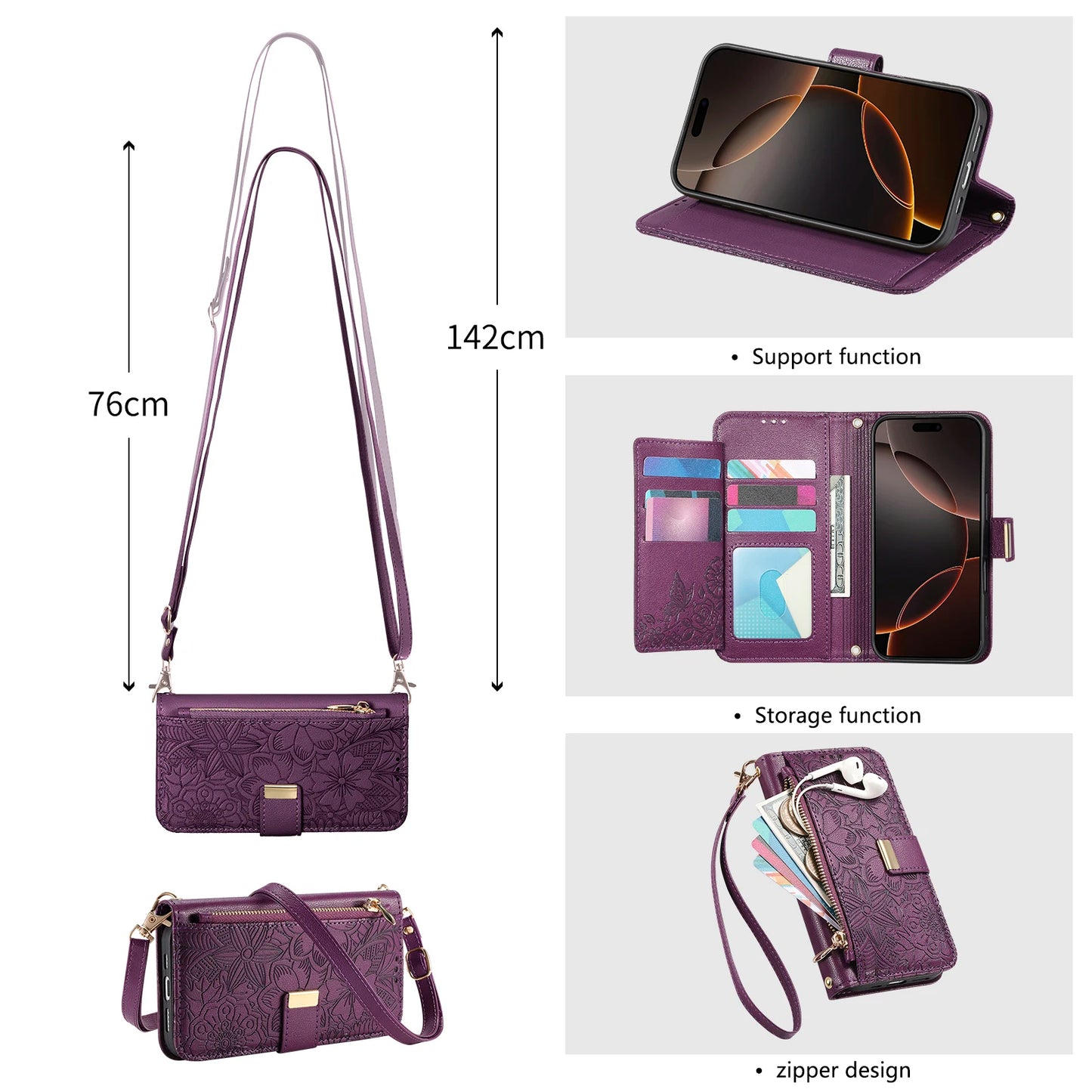 Luxury iPhone Flip Wallet Case with Strap and Pocket