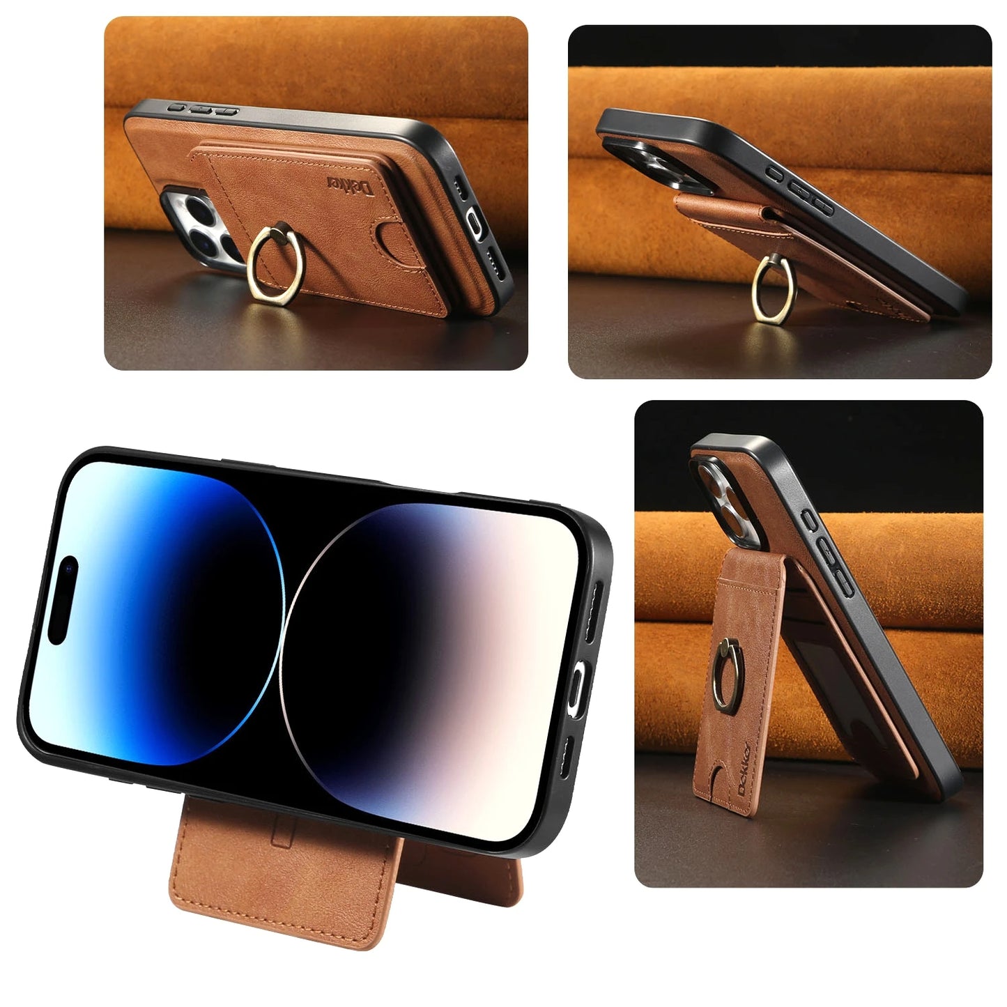 Funda de cuero para iPhone con soporte y carga inalámbrica