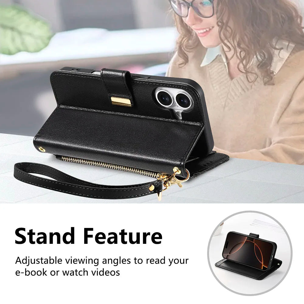 Luxury iPhone Flip Wallet Case with Strap and Pocket