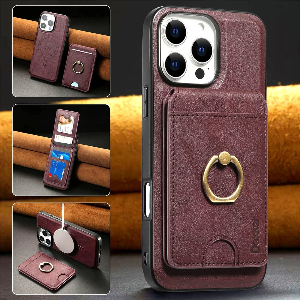 Funda de cuero para iPhone con soporte y carga inalámbrica