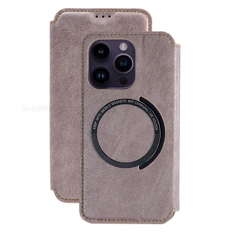 Funda magnética tipo billetera MagSafe de cuero elegante para iPhone
