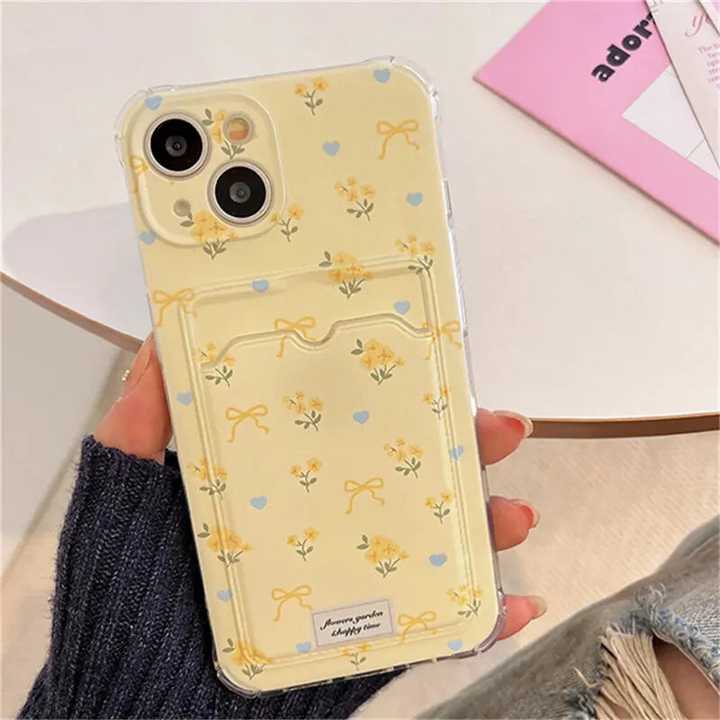Soft TPU Aesthetic Floral iPhone Card Wallet Case
