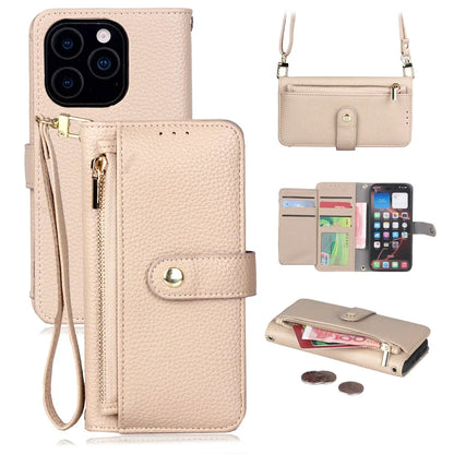 Funda tipo cartera para iPhone con correa para la muñeca y el hombro