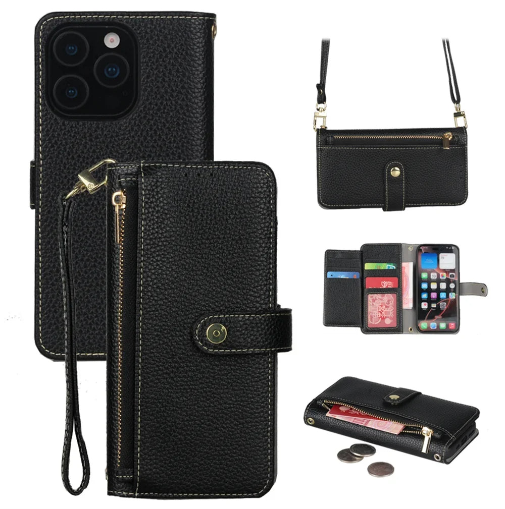 Funda tipo cartera para iPhone con correa para la muñeca y el hombro