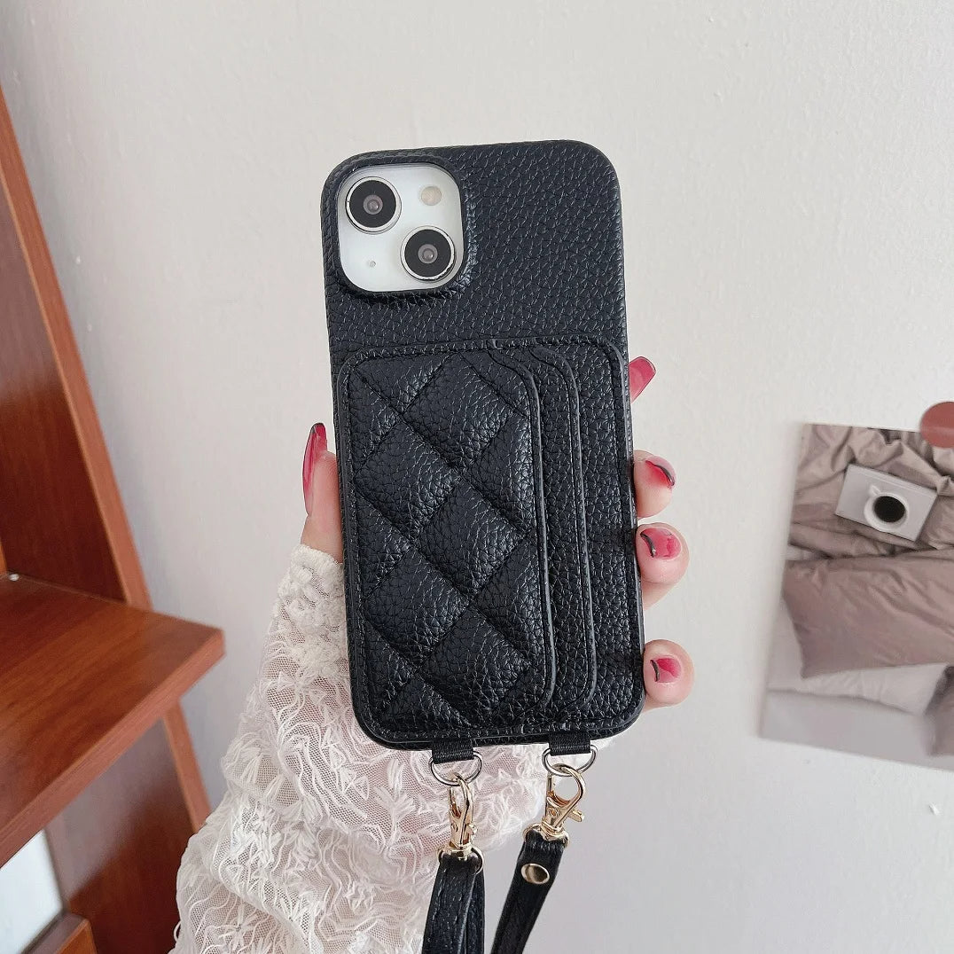 Funda elegante tipo cartera para iPhone con ranuras para tarjetas y bandolera