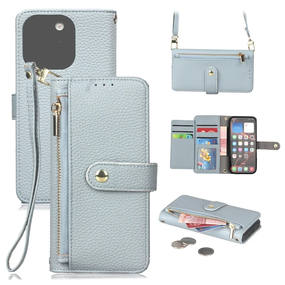 Funda tipo cartera para iPhone con correa para la muñeca y el hombro