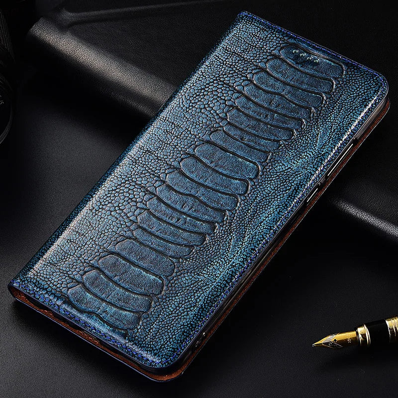 Genuine Ostrich Retro Leather iPhone Wallet Flip Case