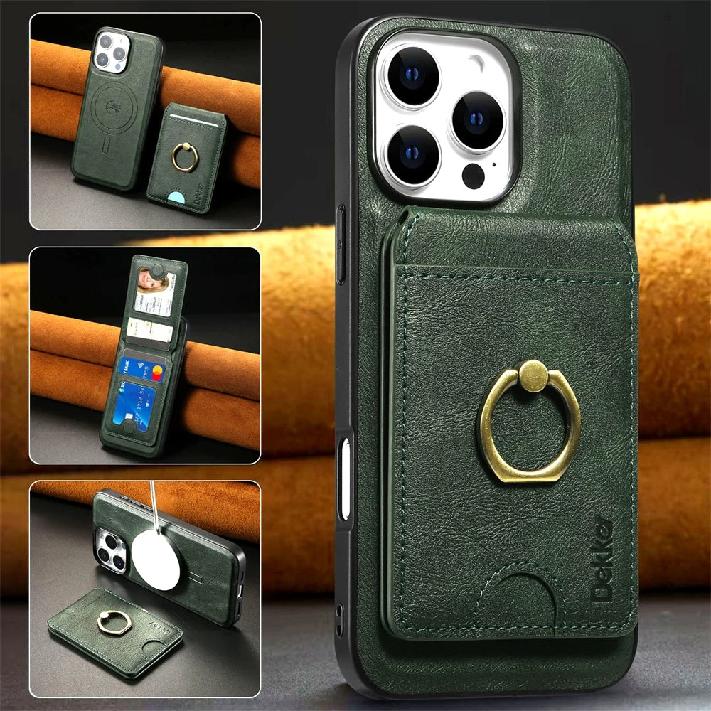 Funda de cuero para iPhone con soporte y carga inalámbrica