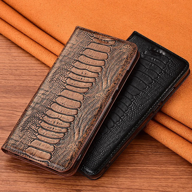 Genuine Ostrich Retro Leather iPhone Wallet Flip Case