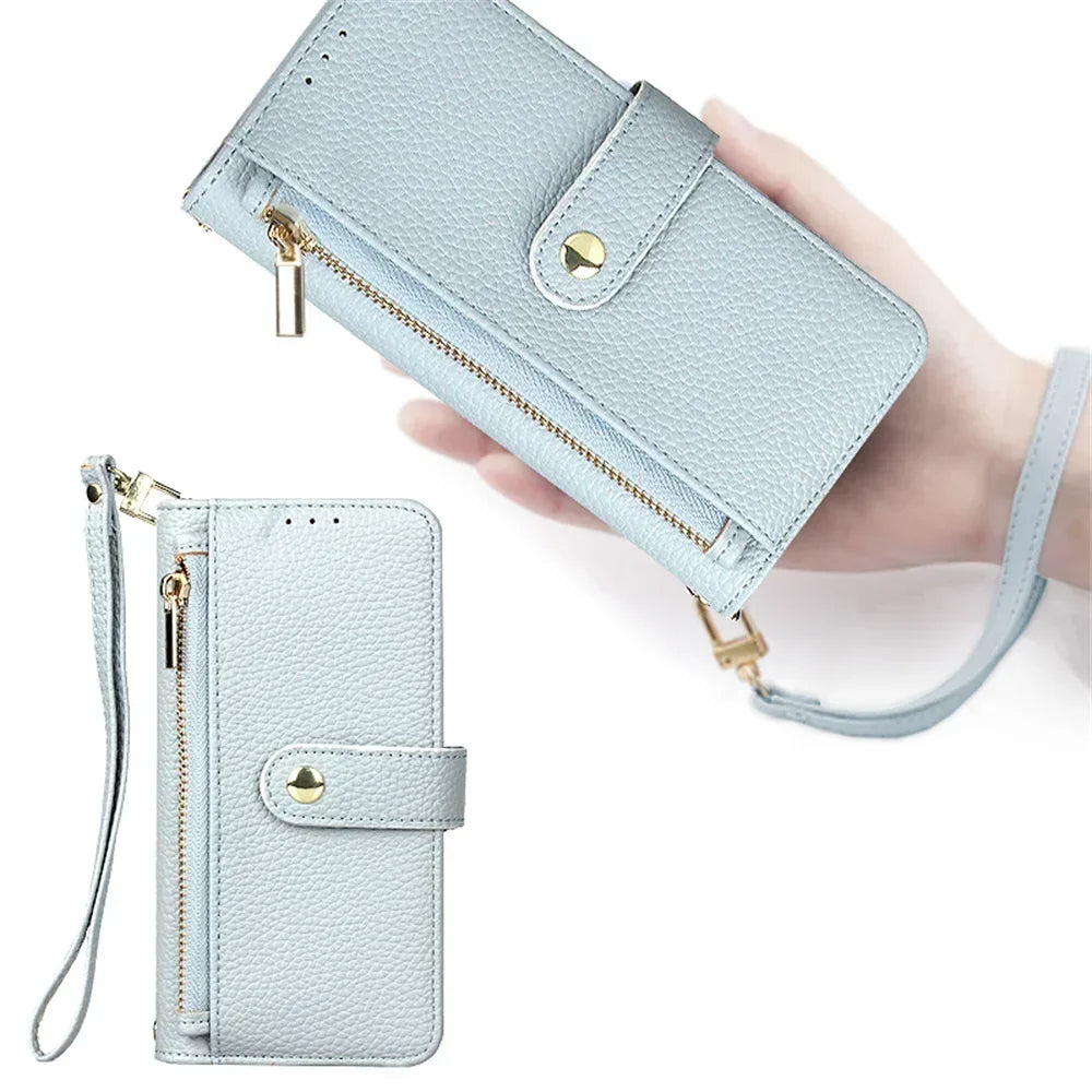 Funda tipo cartera para iPhone con correa para la muñeca y el hombro