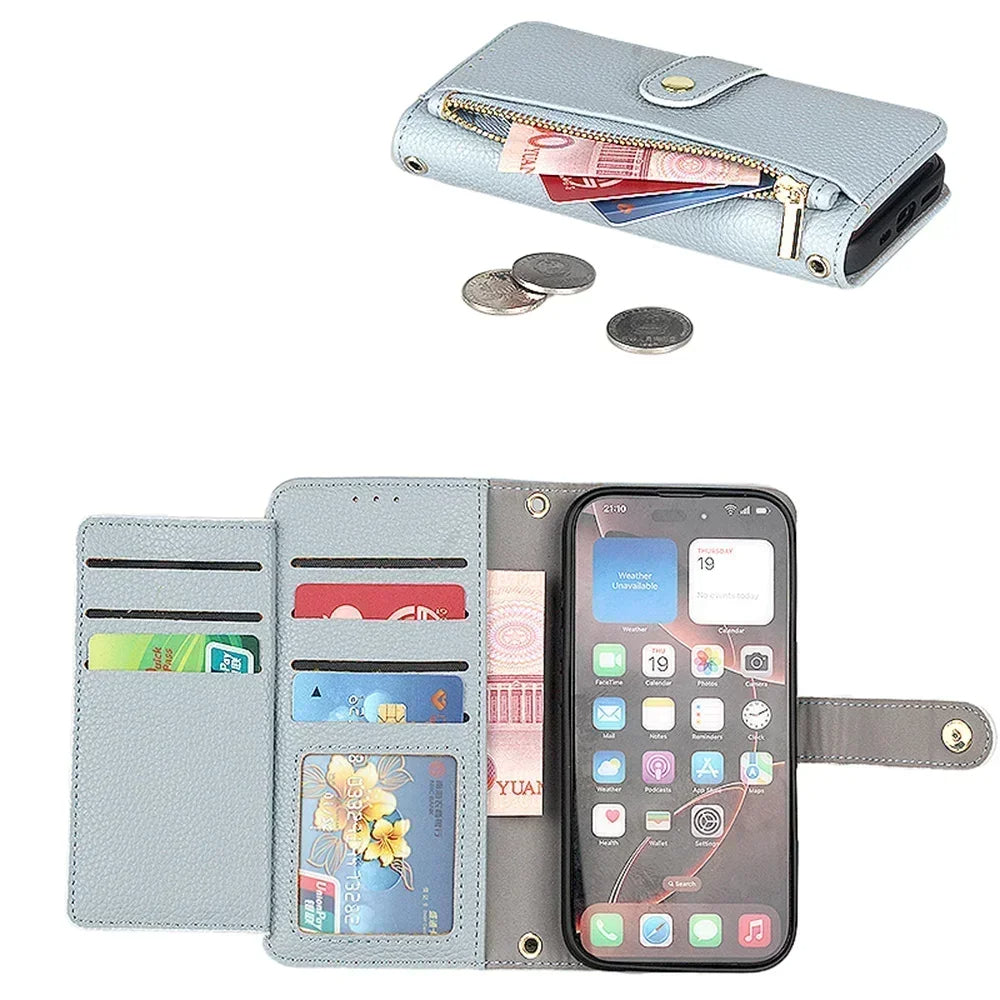 Funda tipo cartera para iPhone con correa para la muñeca y el hombro