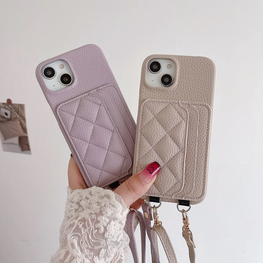 Funda elegante tipo cartera para iPhone con ranuras para tarjetas y bandolera