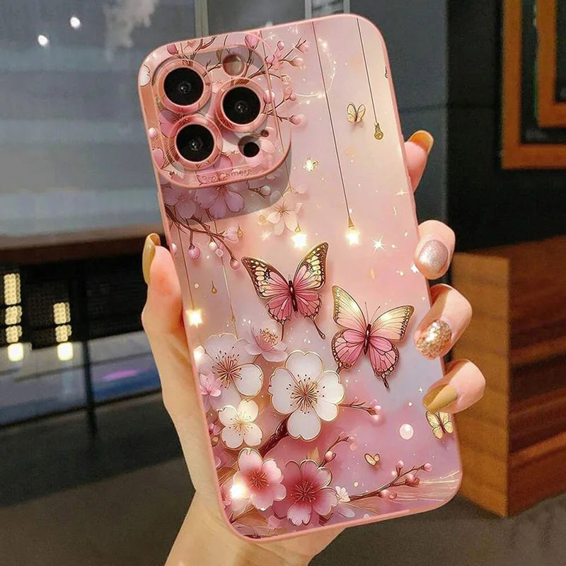 Funda protectora mate para iPhone con diseño de mariposa y flor
