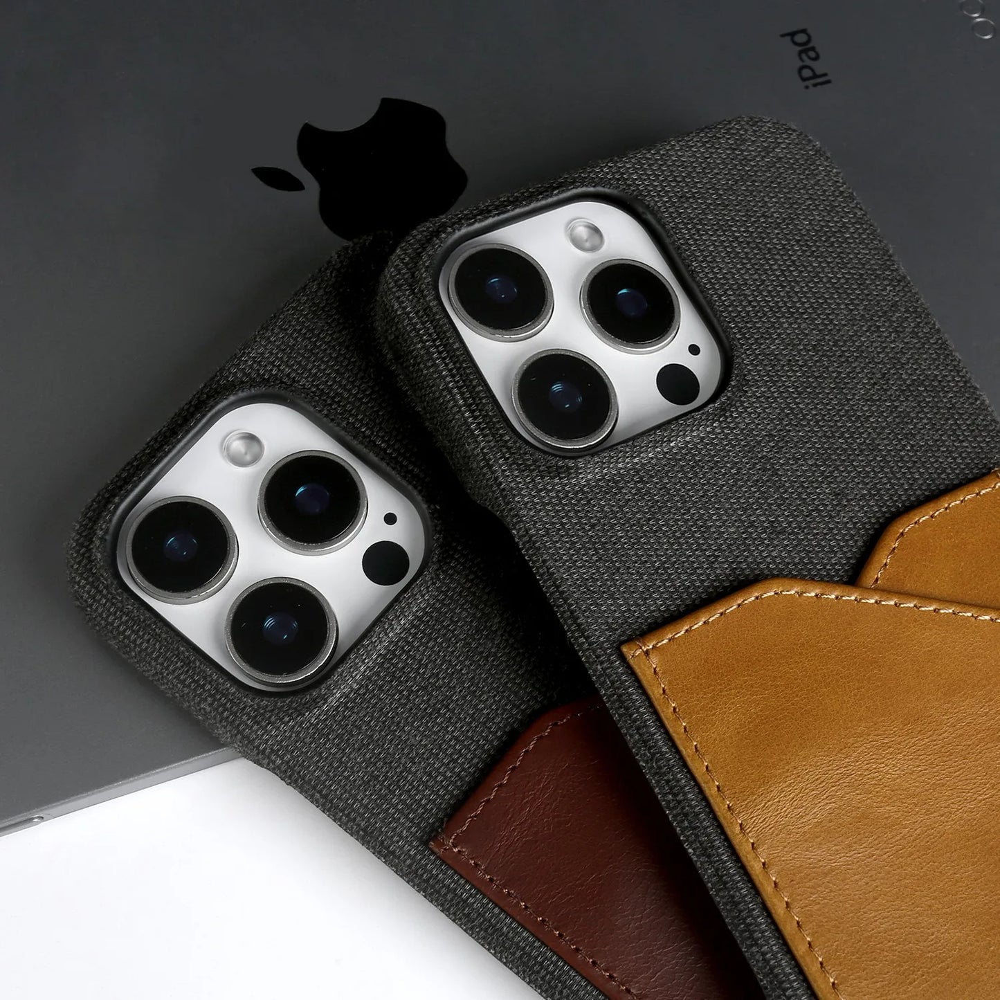 Funda vintage de cuero y tela para iPhone con ranura para tarjetas