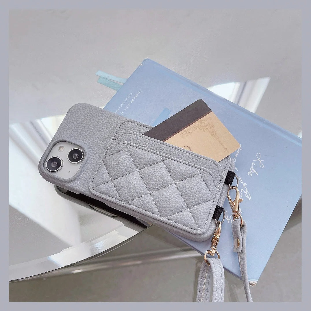 Funda elegante tipo cartera para iPhone con ranuras para tarjetas y bandolera