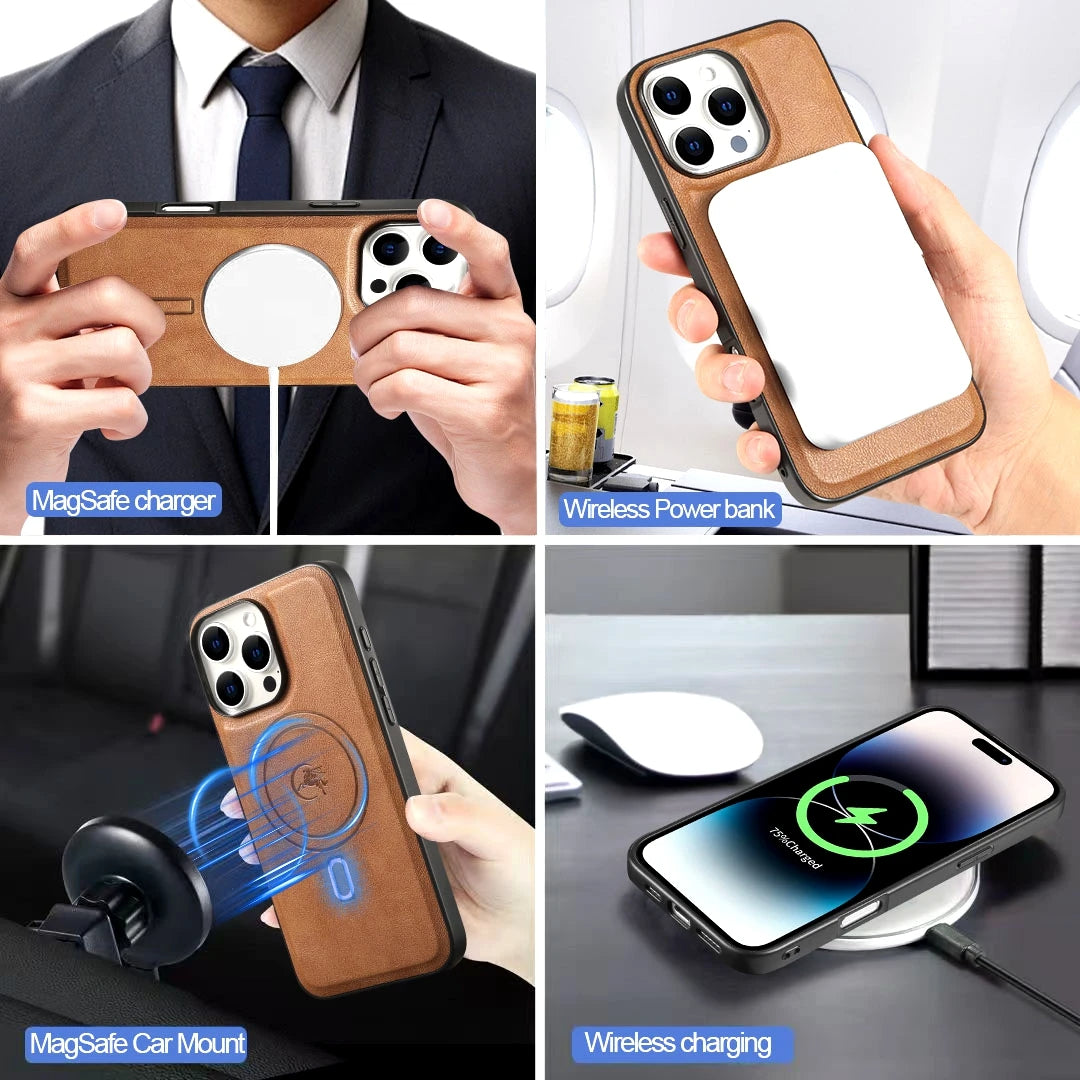 Funda de cuero para iPhone con soporte y carga inalámbrica