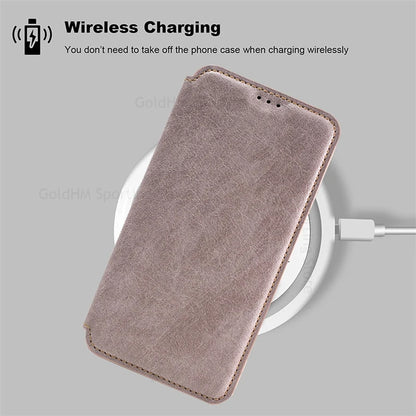 Funda magnética tipo billetera MagSafe de cuero elegante para iPhone