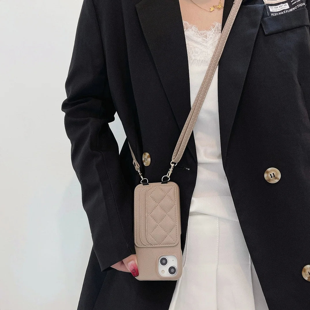 Funda elegante tipo cartera para iPhone con ranuras para tarjetas y bandolera