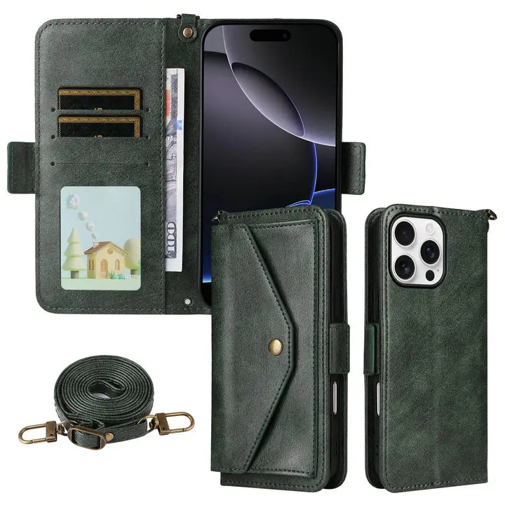 Multifunction iPhone Wallet Case with Shoulder Strap