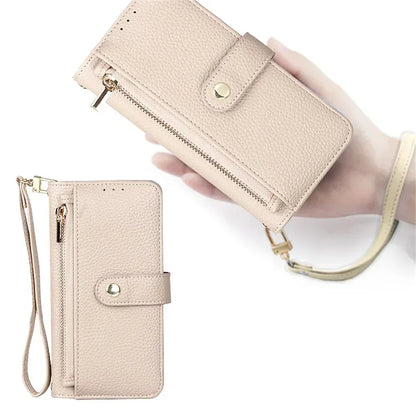 Funda tipo cartera para iPhone con correa para la muñeca y el hombro