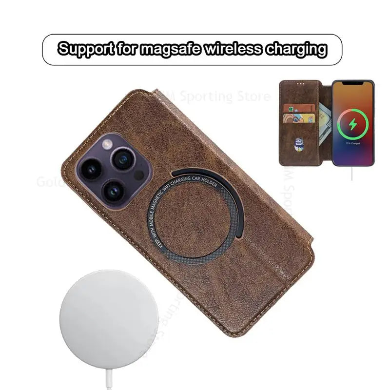 Funda magnética tipo billetera MagSafe de cuero elegante para iPhone