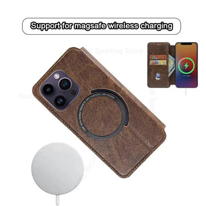 Funda magnética tipo billetera MagSafe de cuero elegante para iPhone