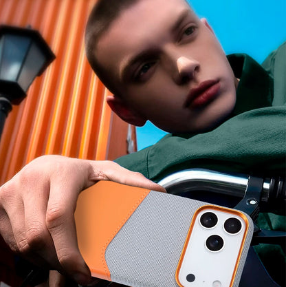 Funda de cuero para iPhone con diseño de patchwork y tarjetero