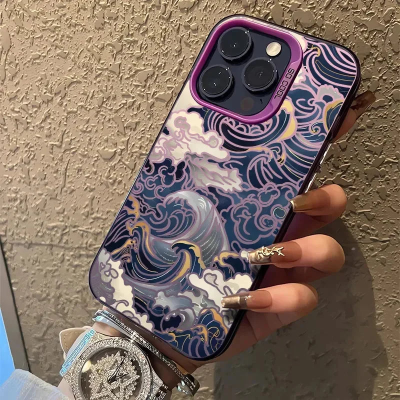 Electroplated Japanese Waves Shockproof Hard iPhone Case