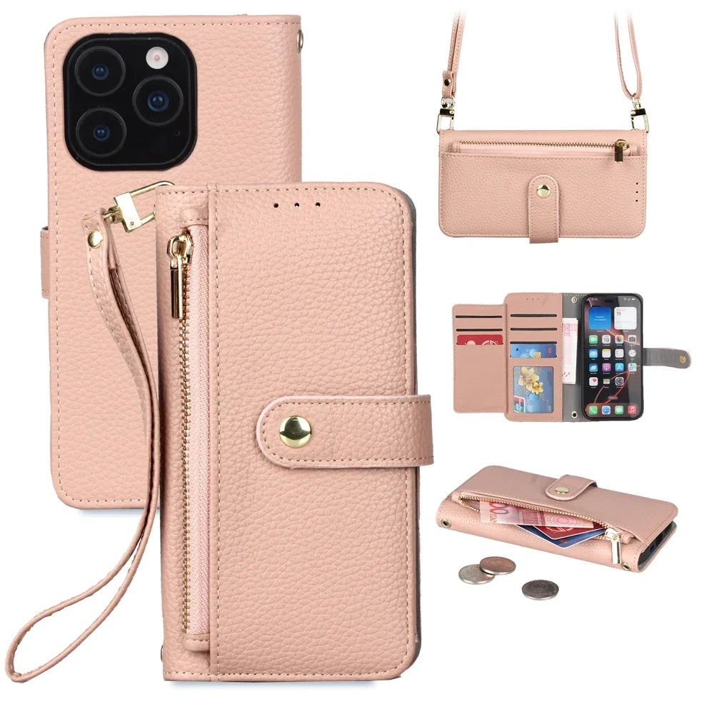 Funda tipo cartera para iPhone con correa para la muñeca y el hombro