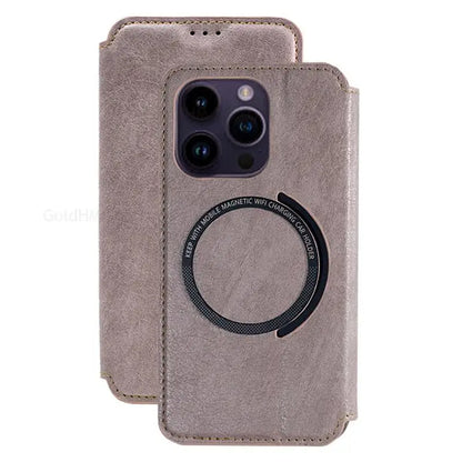 Funda magnética tipo billetera MagSafe de cuero elegante para iPhone