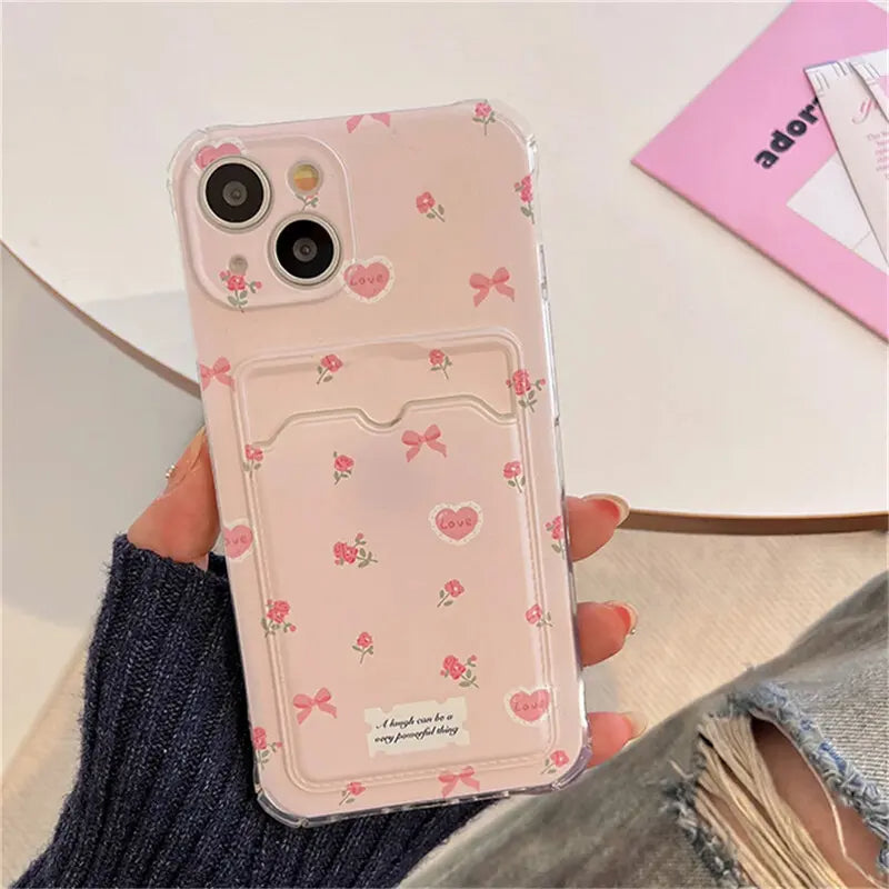Soft TPU Aesthetic Floral iPhone Card Wallet Case