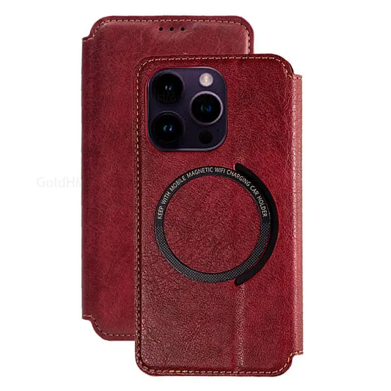 Funda magnética tipo billetera MagSafe de cuero elegante para iPhone