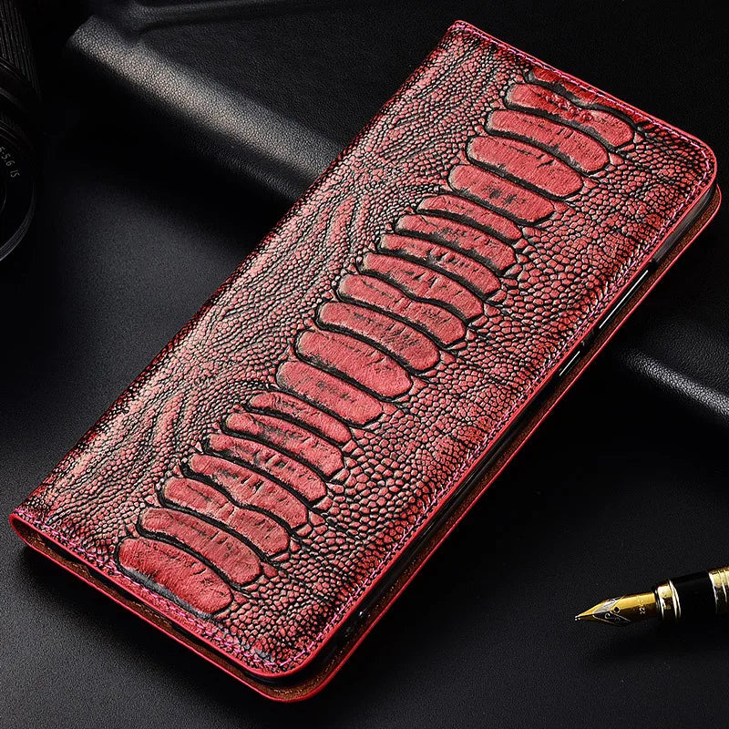 Genuine Ostrich Retro Leather iPhone Wallet Flip Case